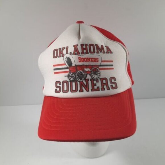 VTG Oklahoma Sooners Red Mesh Foam Trucker Snapback Hat Cap Covered Wagon Unisex - Picture 1 of 8